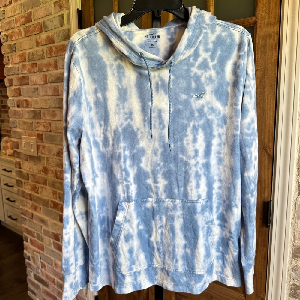 Hollister Hoodie T-Shirt Mens Size M Blue White Tie-Dye‎ Long Sleeve Lightweight